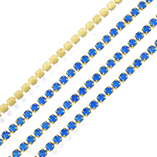 

PandaHall Brass Rhinestone Strass Chains, Rhinestone Cup Chain, Imitate Luminous Style, Raw(Unplated), Capri Blue, 2x2mm, about 23.62 Feet..., Cyan