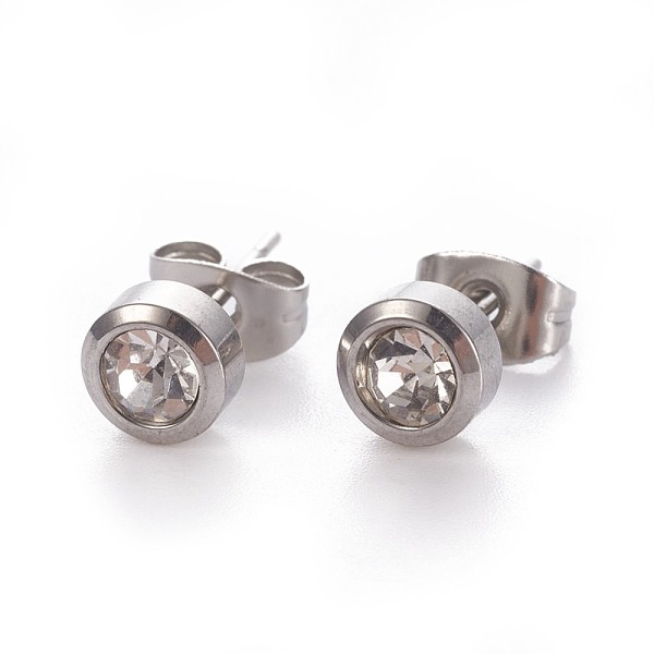 

PandaHall 304 Stainless Steel Rhinestone Stud Earrings, with Ear Nuts/Earring Back, Flat Round, Stainless Steel Color, 6mm, Pin: 0.7mm..., Clear