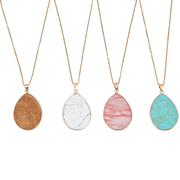 

PandaHall 4Pcs 4 Style Natural & Synthetic Mixed Gemstone Teardrop Pendant Necklaces Set, with Golden Brass Cable Chains, 17.72 inch(45cm)...