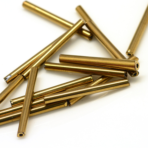 

PandaHall Glass Bugle Beads, Golden Plated, 20x2.5mm, Hole: 0.5mm, about 2000~2500pcs/bag Glass