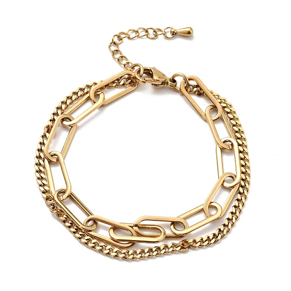 

PandaHall Vacuum Plating 201 Stainless Steel Paper & Curb Chains Double Layered Multi-strand Bracelet for Women, Golden, 7-1/2 inch(19.2cm)...