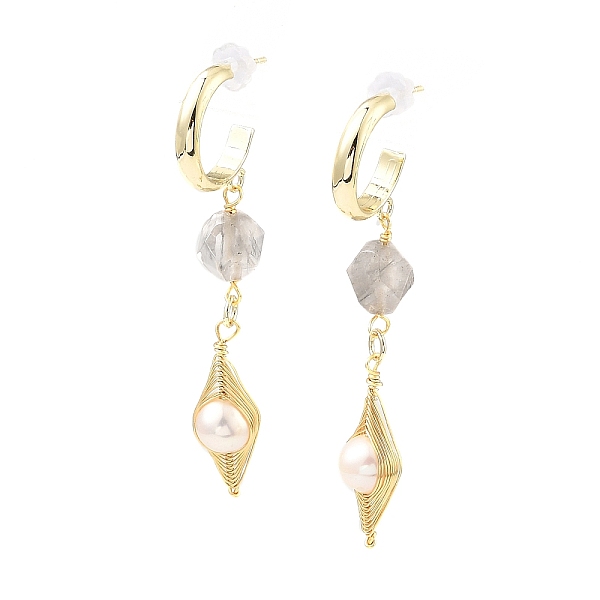 

PandaHall Brass Wire Wrap Half Hoop Earrings, Natural Pearl & Cloudy Quartz Beaded Long Dangle Stud Earrings for Women, Real 14K Gold Plated...