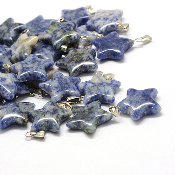 

PandaHall Star Natural Blue Spot Jasper Pendants, with Platinum Tone Brass Findings, 22~23x20~24x5~7mm, Hole: 2x7mm Blue Spot Jasper Star