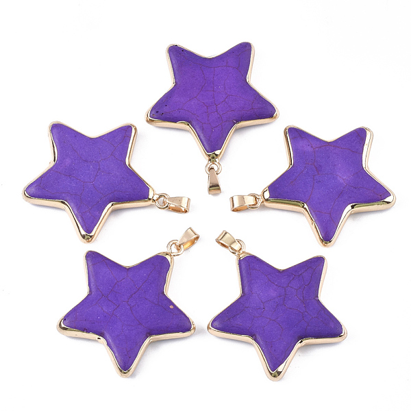 

PandaHall Electroplate Synthetic Turquoise Pendants, with Brass Findings, Dyed, Ova, Golden, Blue Violet, 42.5~44.5x40.5~41x7~7.5mm, Hole..., Purple