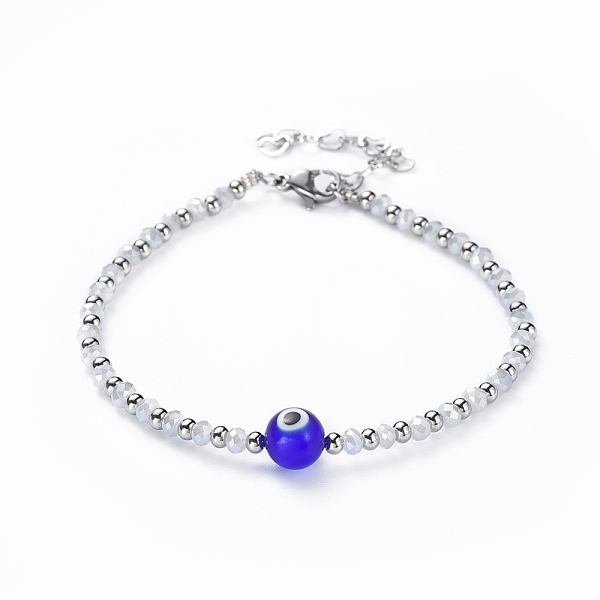 

PandaHall Evil Eye Lampwork Bead Bracelets, with Electroplate Glass & 304 Stainless Steel Beads, Lobster Claw Clasps and Heart Extender..., White