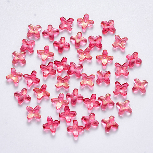 

PandaHall Transparent Spray Painted Glass Beads, with Glitter Powder, Clover, Cerise, 8x8x3mm, Hole: 0.9mm Glass Clover Red