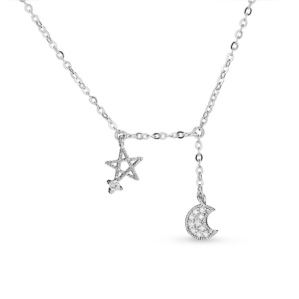 

PandaHall SHEGRACE Fashion Rhodium Plated 925 Sterling Silver Pendant Necklace, Micro Pave Grade AAA Cubic Zirconia Star and Moon Pendants..., Clear