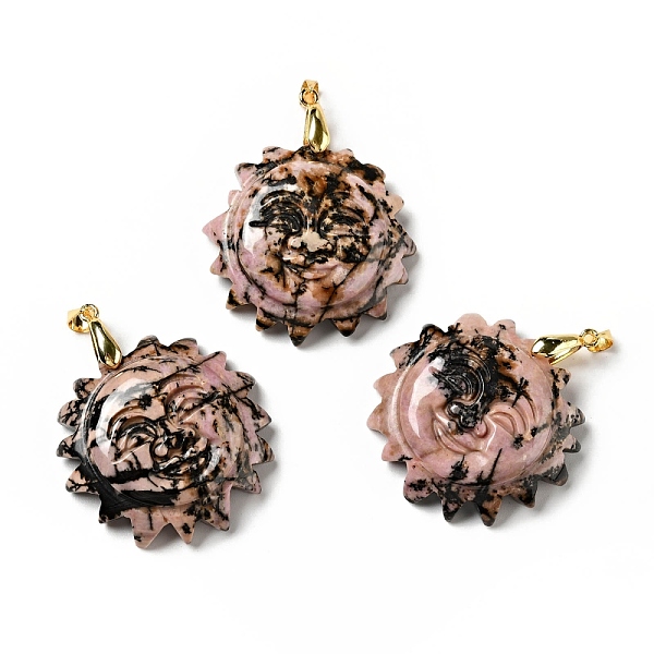 

PandaHall Natural Rhodonite Pendants, with Golden Tone Brass Findings, Lead Free & Cadmium Free, Sun with Smiling Face, 42x34~35x10.5mm...