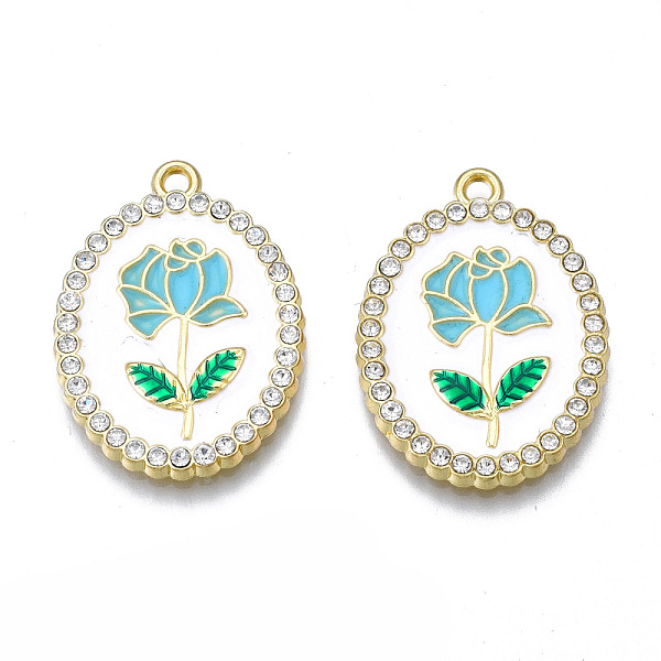

PandaHall Rack Plating Alloy Enamel Pendants, with Crystal Rhinestone, Cadmium Free & Nickel Free & Lead Free, Light Gold, Oval with Flower..., Clear
