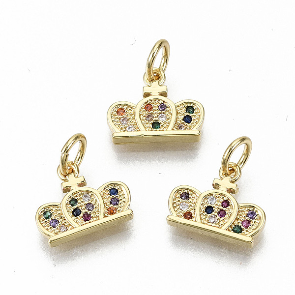 

PandaHall Brass Micro Pave Cubic Zirconia Charms, with Jump Rings, Nickel Free, Crown, Real 16K Gold Plated, Colorful, 9x11x2mm, Jump Ring...