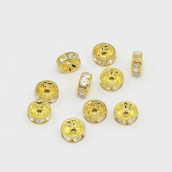 

PandaHall Brass Rhinestone Spacer Beads, Grade B, Clear, Golden Metal Color, Size: about 8mm in diameter, 3mm thick, hole: 1.5mm...
