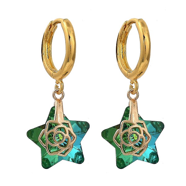 

PandaHall Brass Huggie Hoop Earring, with Electroplate Glass Pendants, Star, Golden, Green, 31.5mm, Pin: 1mm Glass Star Green