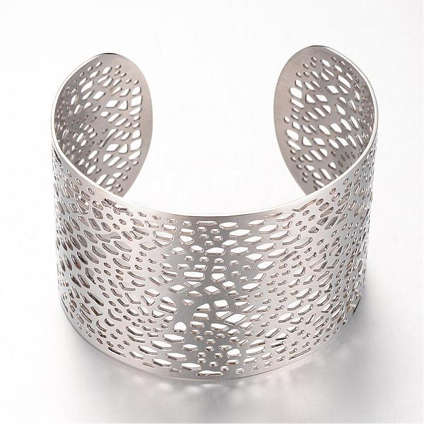 

PandaHall 304 Stainless Steel Filigree Cuff Bangles, Wide Band Bangles, Stainless Steel Color, 2-1/4 inch(55mm) 304 Stainless Steel