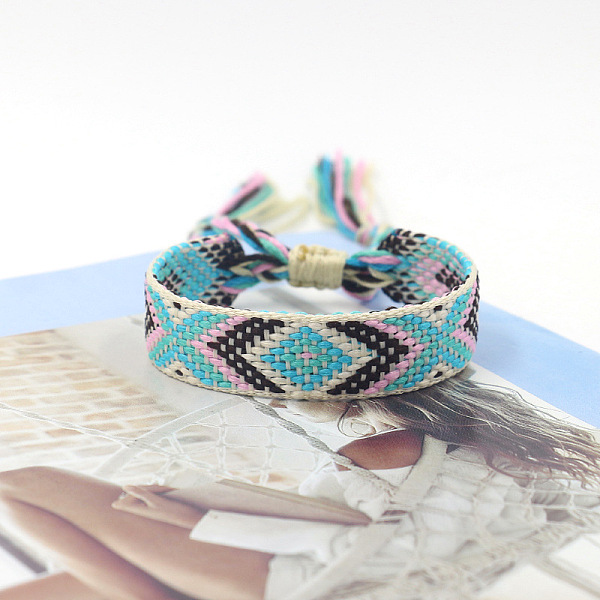

PandaHall Polyester Braided Rhombus Pattern Cord Bracelet, Ethnic Tribal Adjustable Brazilian Bracelet for Women, Light Sky Blue, 5-7/8 inch...