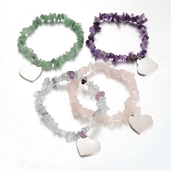 

PandaHall Natural Gemstone Charm Bracelets, with Platinum Plated Alloy Heart Pendants, 54mm Mixed Stone