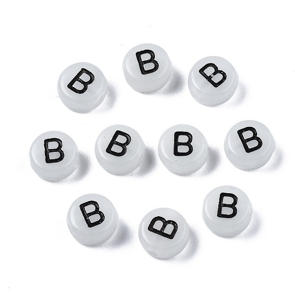 

PandaHall Acrylic Beads, with Enamel and Luminous, Horizontal Hole, Flat Round with Black Letter, Glow in the Dark, Light Grey, Letter.B...
