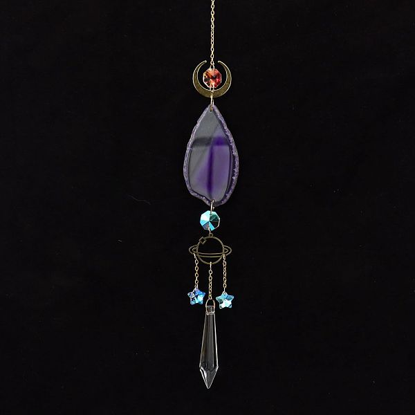 

PandaHall Natural Agate Piece Hanging Ornaments, Metal Moon & Planet and Glass Cone Tassel Suncatchers for Home Outdoor Decoration, Dark...