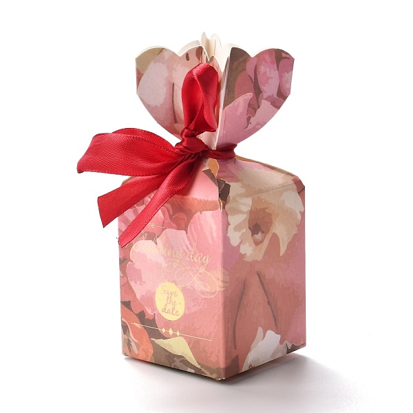 PandaHall Paper Candy Boxes, with Polyester Ribbon, for Bakery Box, Baby Shower Gift Box, Floral Pattern, 5x5x12.8cm Paper Flower