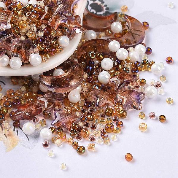 PandaHall DIY Jewelry Making Finding Kit, Glass & Seed Beads, Round & Star & Moon, Coffee, 2~16x2~12x3~7mm, Hole: 0.8~1.2mm Glass Brown
