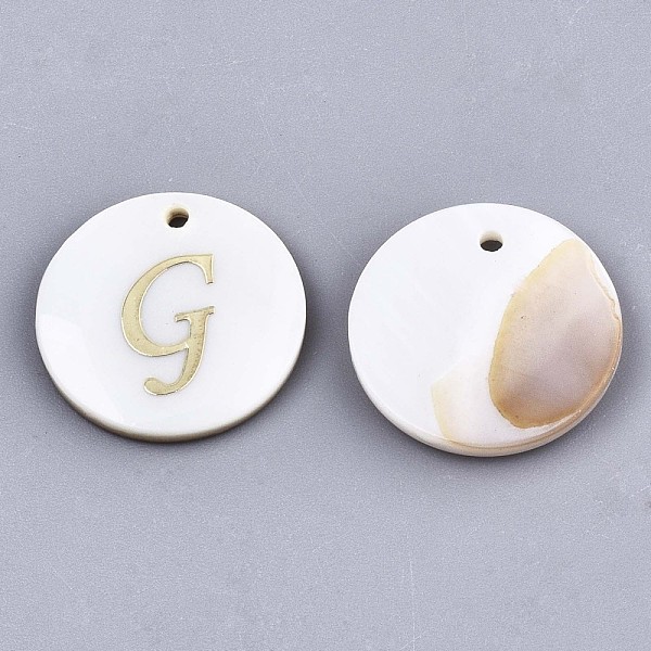 

PandaHall Natural Freshwater Shell Pendants, with Golden Plated Brass Etched Metal Embellishments, Flat Round with Letter, Letter.G, 15x2mm...