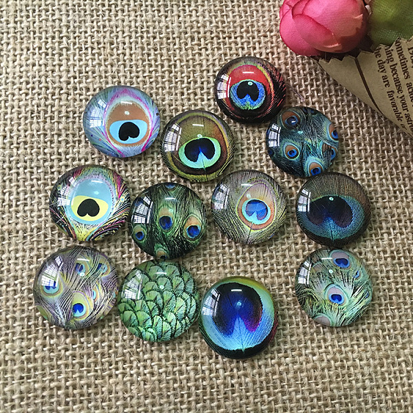 

PandaHall K5 Glass Cabochons, Half Round with Peacock Feather Pattern, Mixed Color, 12mm Glass Half Round Multicolor