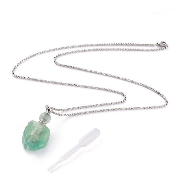 PandaHall Natural Fluorite Openable Perfume Bottle Pendant Necklaces, with 304 Stainless Steel Box Chains and Plastic Dropper, Nuggets...