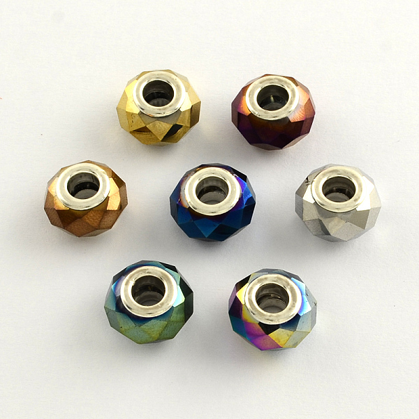 

PandaHall Glass European Beads, Large Hole Beads with Brass Plating Silver Color Plated Double Cores, Faceted, Rondelle, Mixed Color, 14x9mm...