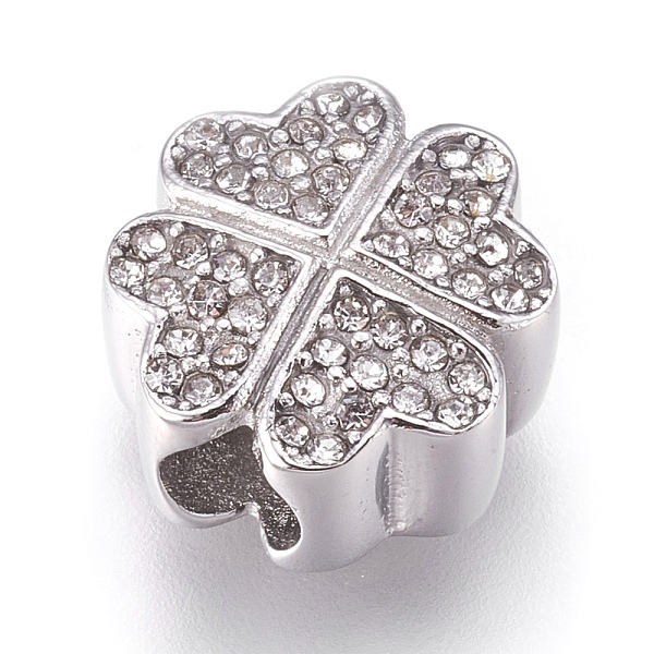 

PandaHall 304 Stainless Steel European Beads, Large Hole Beads, with Rhinestone, Clover, Stainless Steel Color, 12.5x13x7mm, Hole: 4mm..., Clear