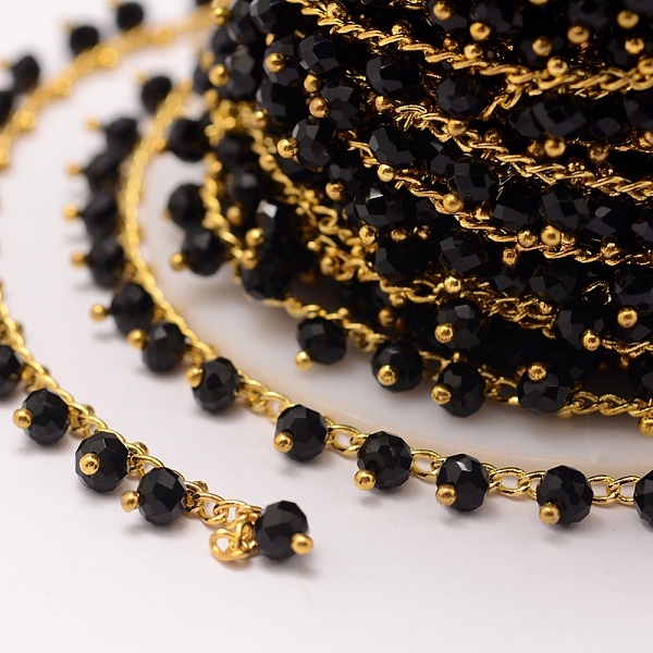 

PandaHall 3.28 Feet Handmade Glass Beaded Chains, Soldered, with Brass Findings, Black, 7x4mm Brass+Glass Black