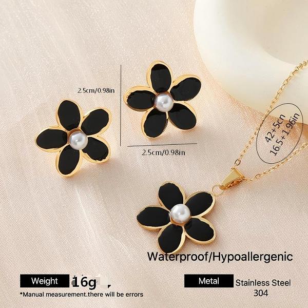 Ensembles de boucles d'oreilles et colliers pendentifs en acier inoxydable 304 émaillé en forme de fleur pour femmes