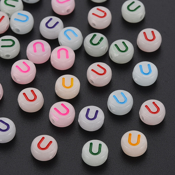 

PandaHall Acrylic Beads, Glow in the Dark, with Enamel and Luminous, Horizontal Hole, Flat Round with Alphabet, Letter.U, 6.5x7x4mm, Hole..., Multicolor
