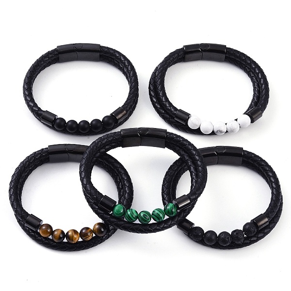 

PandaHall Mixed Stone Round Bead Leather Cord Multi-strand Bracelets, with 304 Stainless Steel Magnetic Clasps, for Men Women, Black...