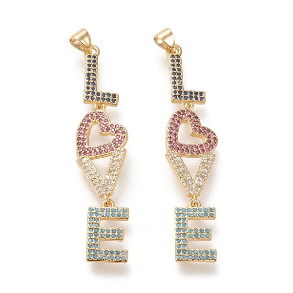 

PandaHall Brass Micro Pave Cubic Zirconia Big Pendants, Long-Lasting Plated, Word Love, Colorful, Real 18K Gold Plated, 53x11.5x1.5mm, Hole...