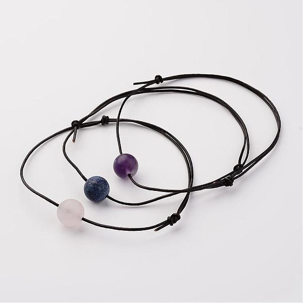 

PandaHall Adjustable Leather Cord Bracelets, with Natural Gemstone Round Beads, 50~110mm(2 inch~4-3/8 inch) Mixed Stone Black