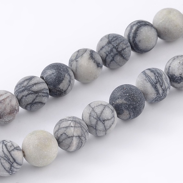 

PandaHall Round Frosted Natural Black Silk Stone/Netstone Bead Strands, 8mm, Hole: 1mm, about 46pcs/strand, 15.1 inch Netstone Round