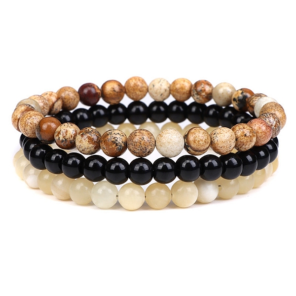 

PandaHall 3Pcs 3 Style Natural Picture Jasper & Black Agate & Citrine Round Beaded Stretch Bracelets Set, Gemstone Stackable Bracelets for...