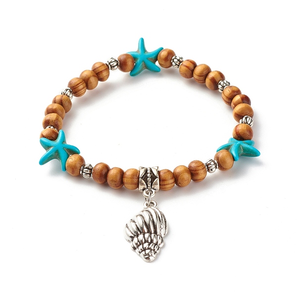 

PandaHall Starfish Synthetic Turquoise Beads & Round Natural Wood Beads Stretch Bracelet, Shell Shape Alloy Charm Bracelet for Women..., Brown