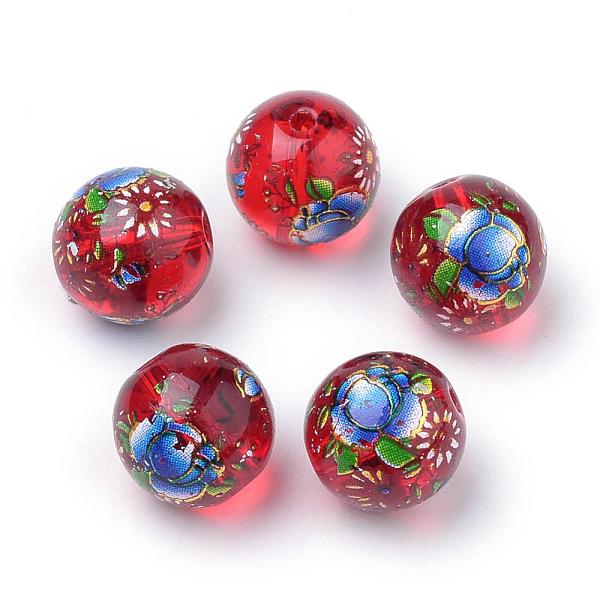 

PandaHall Printed Glass Beads, Round with Flower Pattern, Red, 10x9mm, Hole: 1.5mm Glass Flower Red