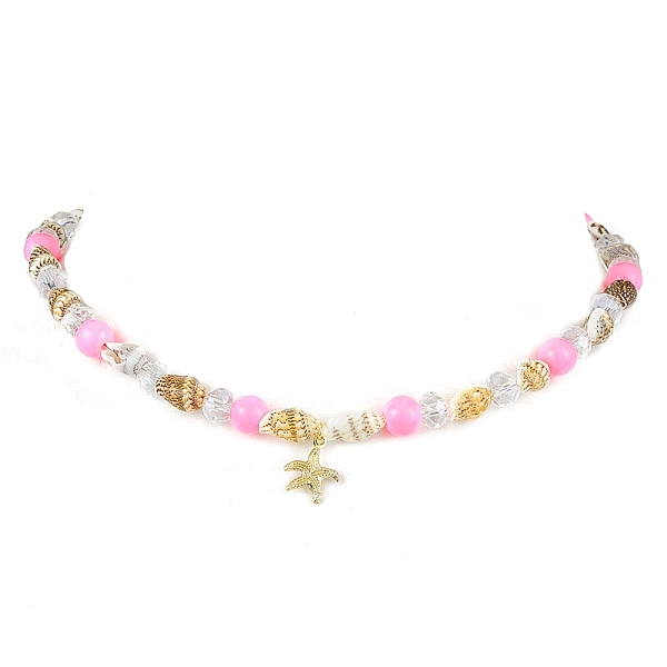 

PandaHall Natural Sea Shell Beaded Necklaces, with Glass and Brass Charms, Hot Pink, 14.84 inch(37.7cm) Shell Shell Shape