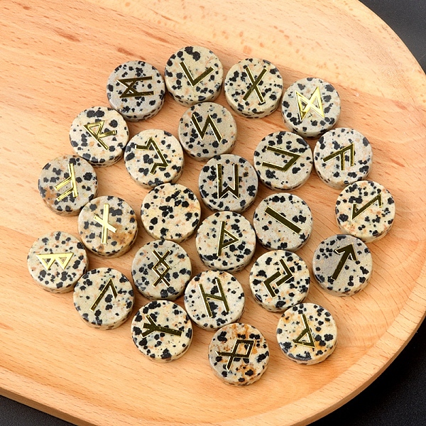 

PandaHall Tumbled Natural Dalmatian Jasper with Carved Rune Words, Divination Stone, Flat Round, 16~19x6~7mm Dalmatian Jasper Flat Round