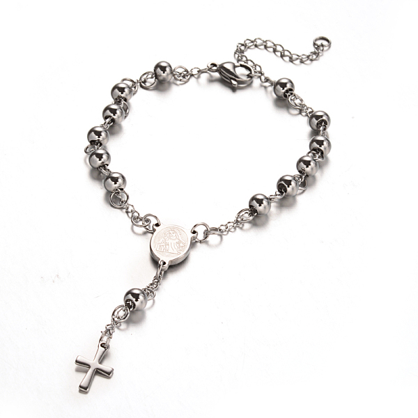

PandaHall Rosary Bead Bracelets with Cross, 201 Stainless Steel Bracelet for Easter, Oval with Virgin Mary, Stainless Steel Color, 7-1/2...