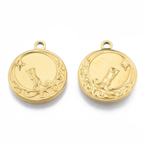 

PandaHall Ion Plating(IP) 201 Stainless Steel Pendants, Flat Round with Cat, Real 18K Gold Plated, 24x20.5x2mm, Hole: 2mm 201 Stainless...