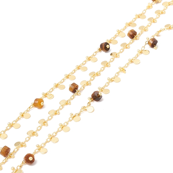

PandaHall Natural Tiger Eye Column Beaded Chains, with Brass Paperclip Chains and Flat Round Charm, Soldered, with Spool, Lead Free &...