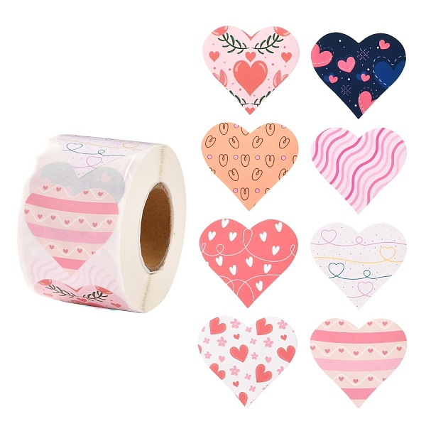 PandaHall Valentine's Day Theme Paper Gift Tag Stickers, 8 Style Heart Shape Adhesive Labels Roll Stickers, for Party, Decorative Presents...