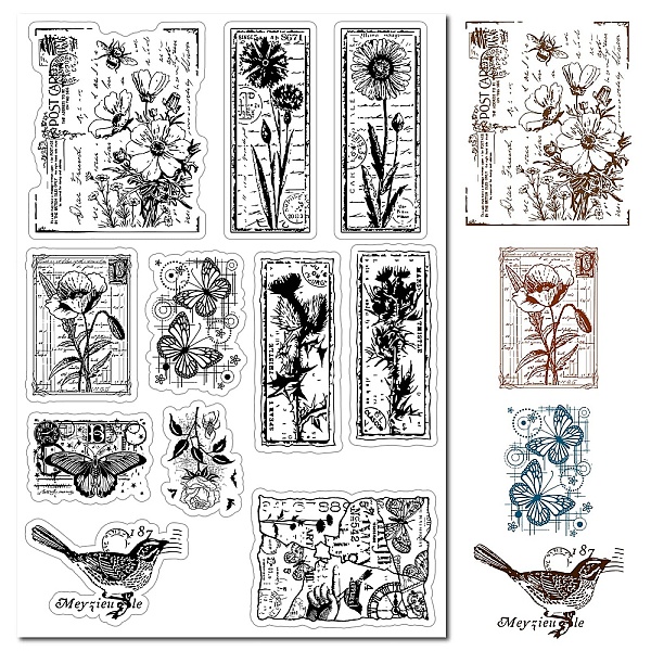 

PandaHall CRASPIRE Flowers Postcard Clear Rubber Stamp Poppy Moth Birds Butterfly Plants Vintage Transparent Silicone Seals Stamp for...