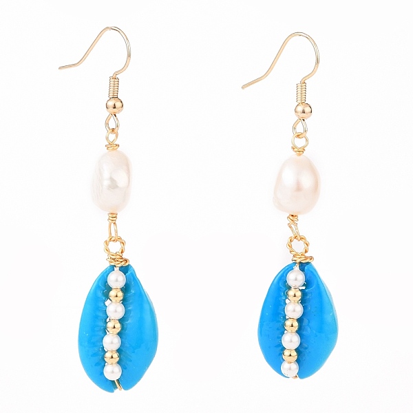 

PandaHall Spray Paint Cowrie Shell Dangle Earrings, with Shell Pearl Beads, Brass Earring Hoops and Brass Beads, Real 18K Gold Plated, Deep...