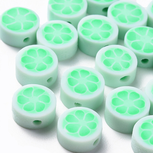 

PandaHall Handmade Polymer Clay Beads, Flat Round with Flower, Aquamarine, 9~10x4~5mm, Hole: 1.4mm Polymer Clay Flat Round Green