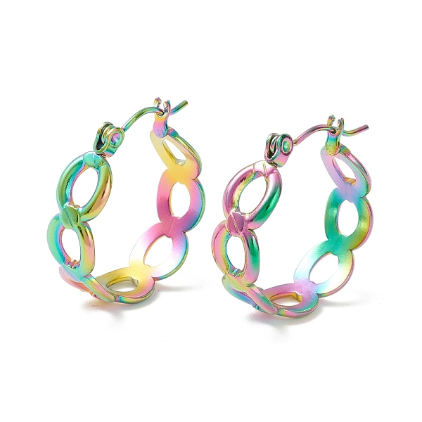 PandaHall 304 Stainless Steel Oval Link Chunky Hoop Earrings for Women, Rainbow Color, 21.5x20.5x7mm, Pin: 0.7mm 304 Stainless Steel Ring