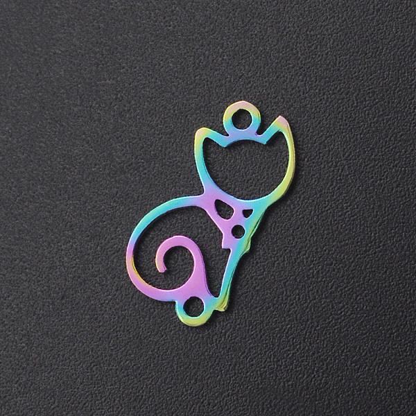

PandaHall Ion Plating(IP) 201 Stainless Steel Links, Laser Cut, Cat, Rainbow Color, 16.5x8.5x1mm, Hole: 1.4mm 201 Stainless Steel Cat Shape