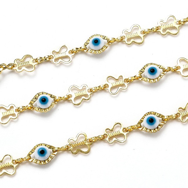 

PandaHall 3.28 Feet Handmade Brass Link Chains, with Lampwork, Long-Lasting Plated, Unwelded, Evil Eye & Butterfly, Golden, Links...